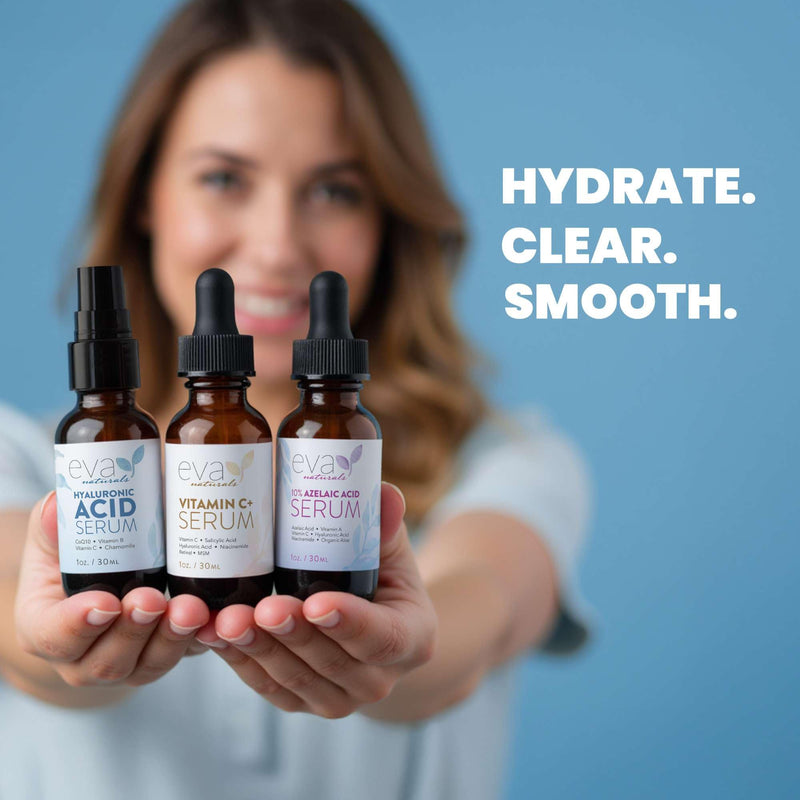 Eva Naturals Serum Trio – Vitamin C+, Hyaluronic Acid & Azelaic Acid, Acne | 3-piece set, anti-aging, dark spots, fine lines, redness, hydrating, radiant skin 1 Fl Oz (Bundle of 3)