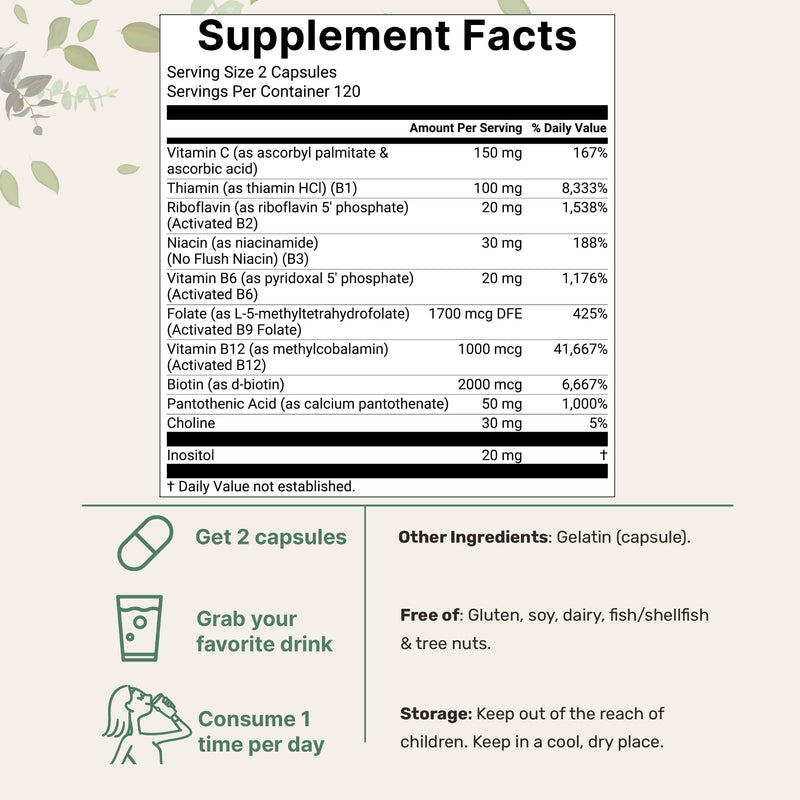 Micro Ingredients Pure Methylated B Complex Vitamins, 240 Capsules | 11-in-1 with Methylfolate, Methylcobalamin B12 & P5P + Fat-Soluble Vitamin C, Choline & Inositol. Filler Free, Non-GMO. 240 Count (Pack of 1)