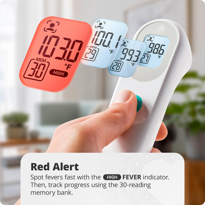 [Australia] - Greater Goods No-Touch Infrared Digital Thermometer for Adults, Kids, and Babies, Forehead Thermometer with Ergonomic Grip, Fever Alarm, White 