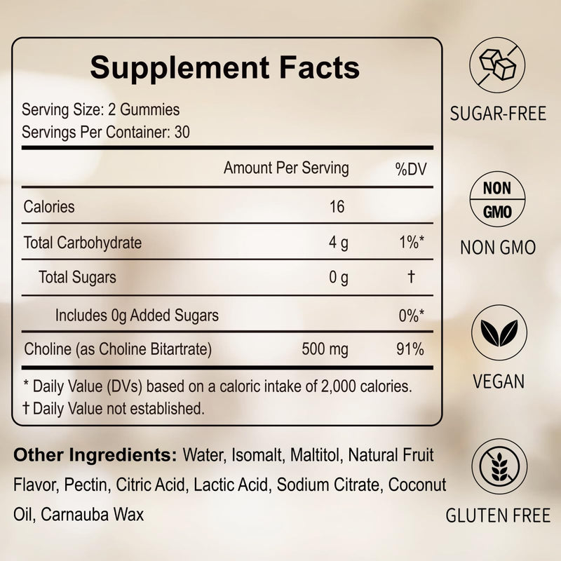 [Australia] - Choline Supplement Gummies Sugar Free, 500mg Choline Bitartrate Per Serving, Brain Health, Liver Support, Focus & Energy, 60 Gummies 