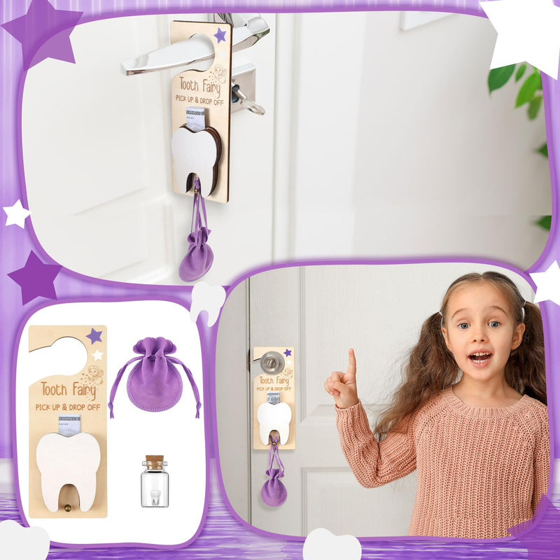 [Australia] - 3 Pcs Tooth Fairy Tooth Holder Bag Tooth Fairy Door Hanger with Money Slot Keepsake Bottle Velvet Pouch Tooth Fairy Box for Lost Teeth Kid Boy and Girl Milk Teeth Encourage Gift(Purple) Purple 