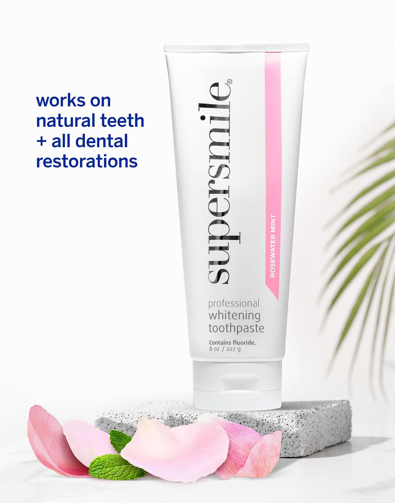 Supersmile Rosewater Mint Whitening Toothpaste, with Fluoride, 8 Oz | Whitens 3 Shades After 1 Day, Moroccan Rosewater + Spearmint Flavor, Veneer Safe, RDA 65, Cavity Protection 8 Ounce (Pack of 1)