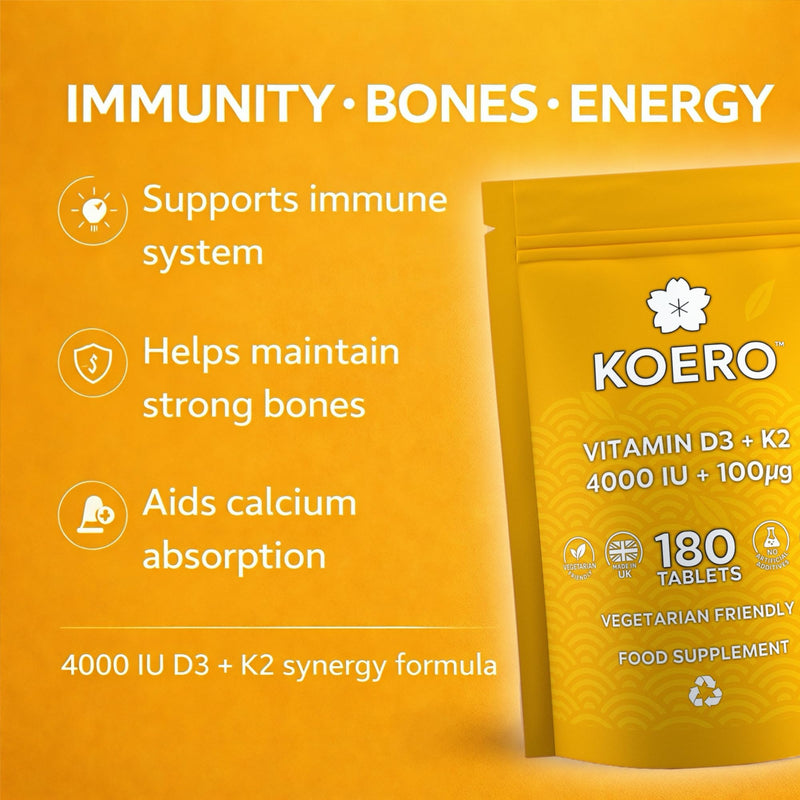 KOERO Vitamin D3 4000 IU + K2 MK7 100mcg – High Strength Daily Tablets – Supports Immunity & Bone Health – 180 Tablets – UK Made