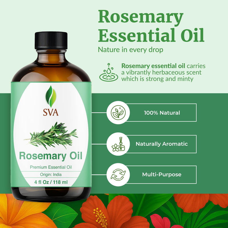 [Australia] - SVA Rosemary Essential Oil ‚Äì 4 Fl Oz ‚Äì 100% Natural Rosemary Oil for Hair, Face, Skin Care, Diffuser, Aromatherapy, Scalp, Body Massage, Soap and Candle Making ‚Äì with Dropper 4 Fl Oz (Pack of 1) 