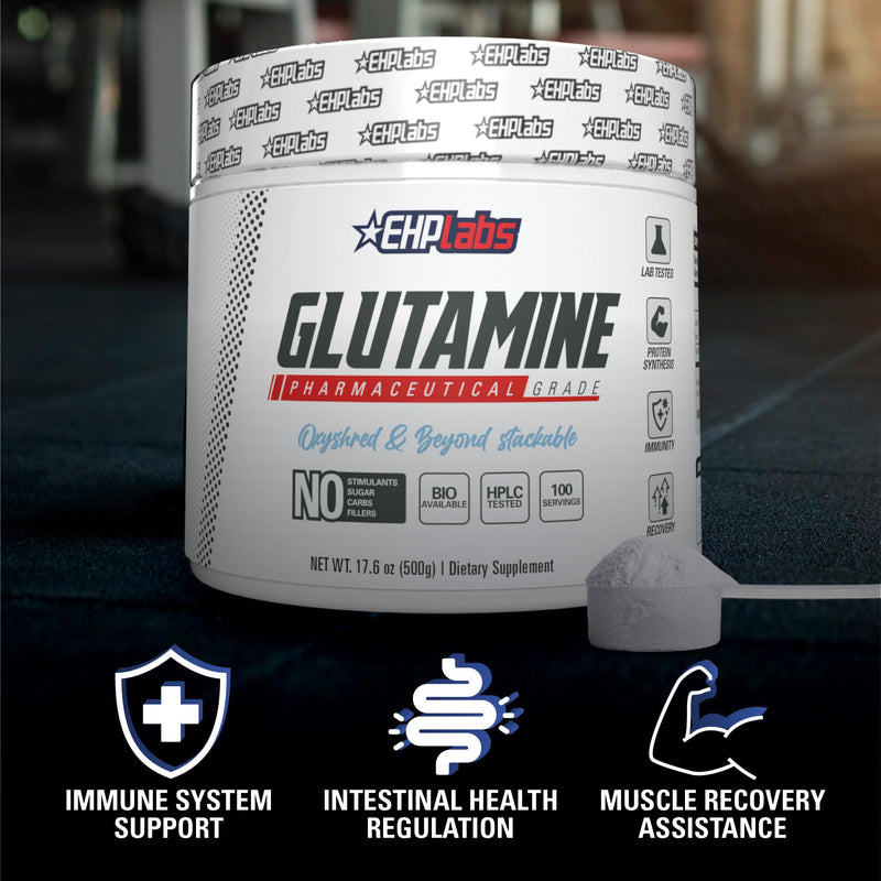EHP Labs L Glutamine Powder Amino Acids - L-Glutamine Supplement for Gut Health (500g) Improves Muscle Recovery, Focus & Concentration - 100 Servings