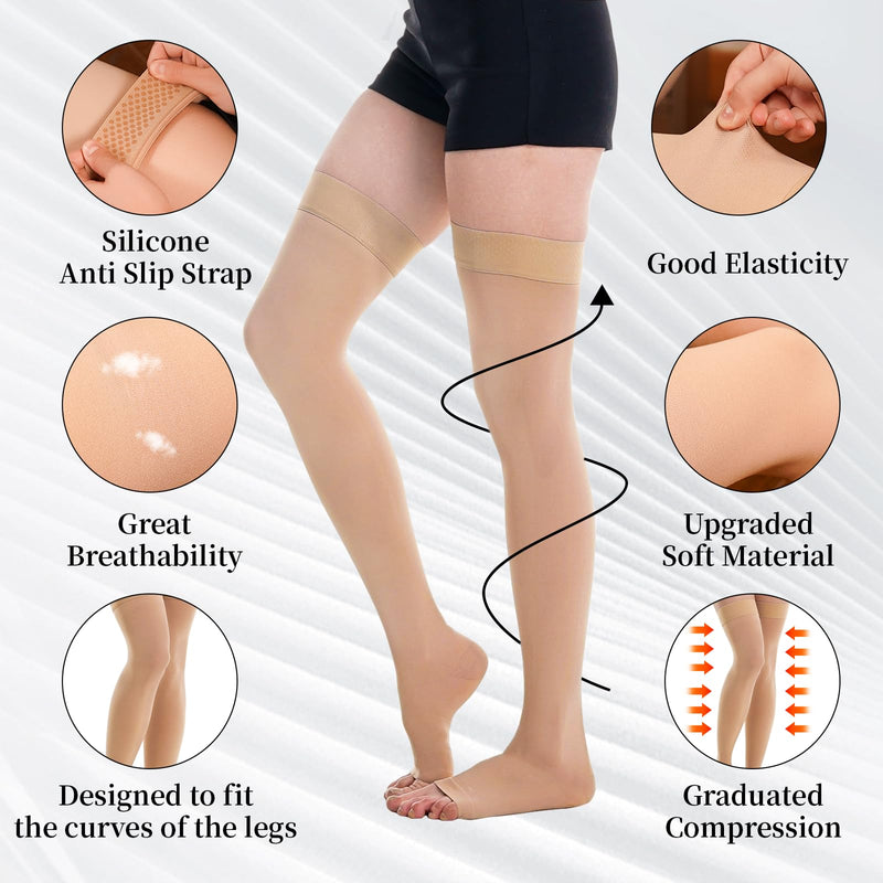 [Australia] - 20-30mmHg Thigh High Compression Stockings, Silicone Dot Band Anti-Slip Compression Socks for Women & Men, Medical Compression Socks for Nurses,Pregnant,Varicose Veins, Sports Recovery Medium Multi-Open Toe*2 