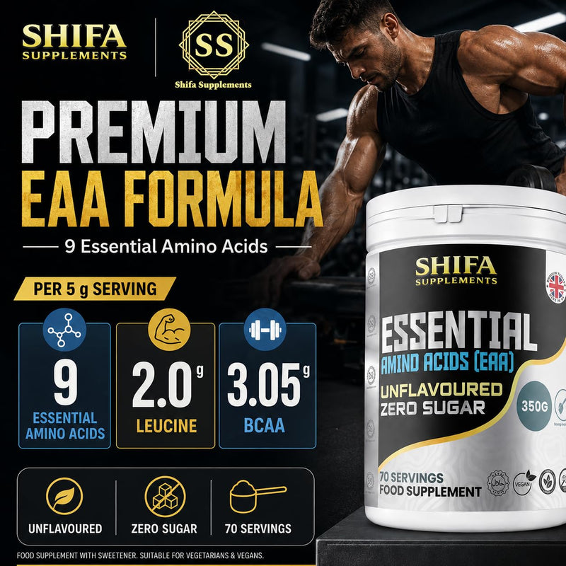 Essential Amino Acids (EAA) Powder 350g – Unflavoured | 70 Servings | Zero Sugar | Vegan | No Sweeteners, No Flavours, Clean Formula Amino Blend, Halal
