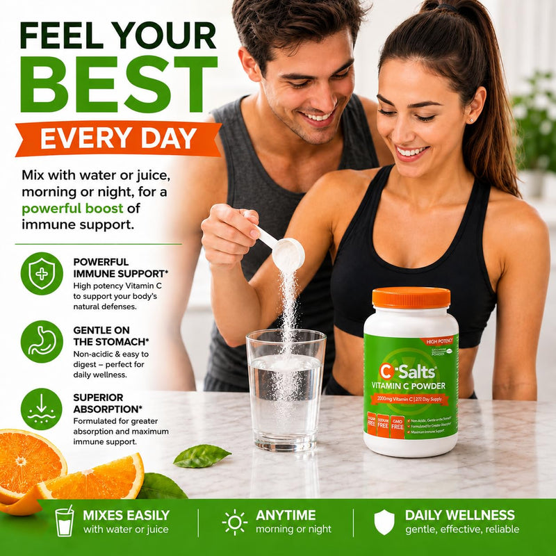 C-Salts Buffered Vitamin C Powder - Pure Organic, Stomach Friendly Ascorbic Acid VIT C Drink for Daily Immune Support & Collagen Production - Vegan Non GMO Sugar Free - 272 Servings Original, 26oz 26 Ounce (Pack of 1)