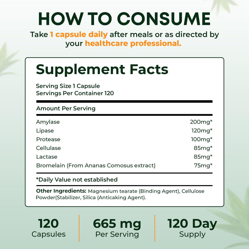 Pure Nutrition Digestive Enzymes with Bromelain | 120 Veg Caps | Gut Health & Metabolism Support* Formula with Digestive Enzyme Blend of Amylase, Lipase, Protease, Cellulase & Lactase.