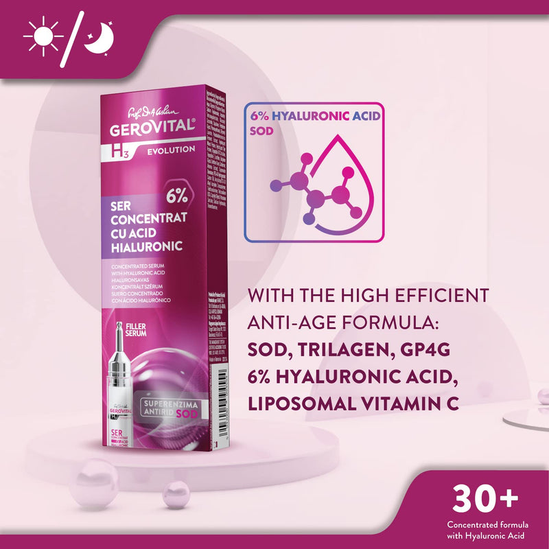 GEROVITAL EVOLUTION Hyaluronic Acid Concentrated Serum with Superoxide Dismutase SOD (The Anti-Aging Super Enzyme), Moisturizer, Anti-Wrinkle, Improves Skin Elasticity and Firmness, 10 ml