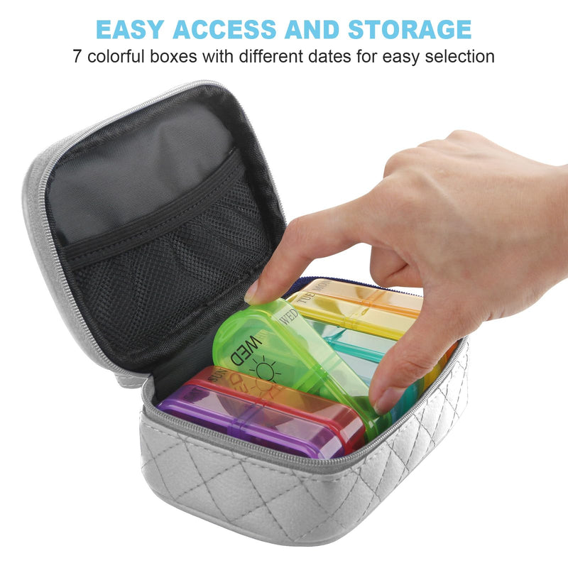 Weekly Pill Organizer 2 Times a Day Pill Boxes with PU Leather | AM PM Pill Box 7 Day Portable Travel Pill Case with 7 Colorful Box for Vitamins, Cod Liver Oil, Supplements Silver