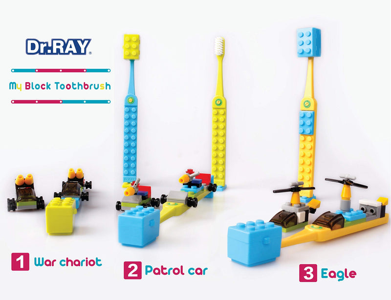 [Australia] - Dr.RAY Kids Toothbrush with Building Blocks and Toothbrush Covers, Extra Soft, Ages 6+ (Pack of 3, Multi-Colored) 