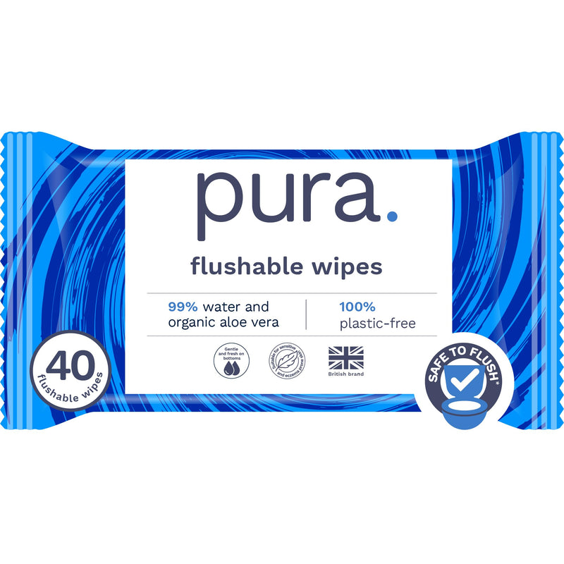 Pura Flushable Wipes 1 x 40 Toilet Wipes, 100% Plastic Free Moist Toilet Tissue, 99% Water, Totally Chlorine Free & Fragrance Free, Sensitive Skin 40 Count (Pack of 1)