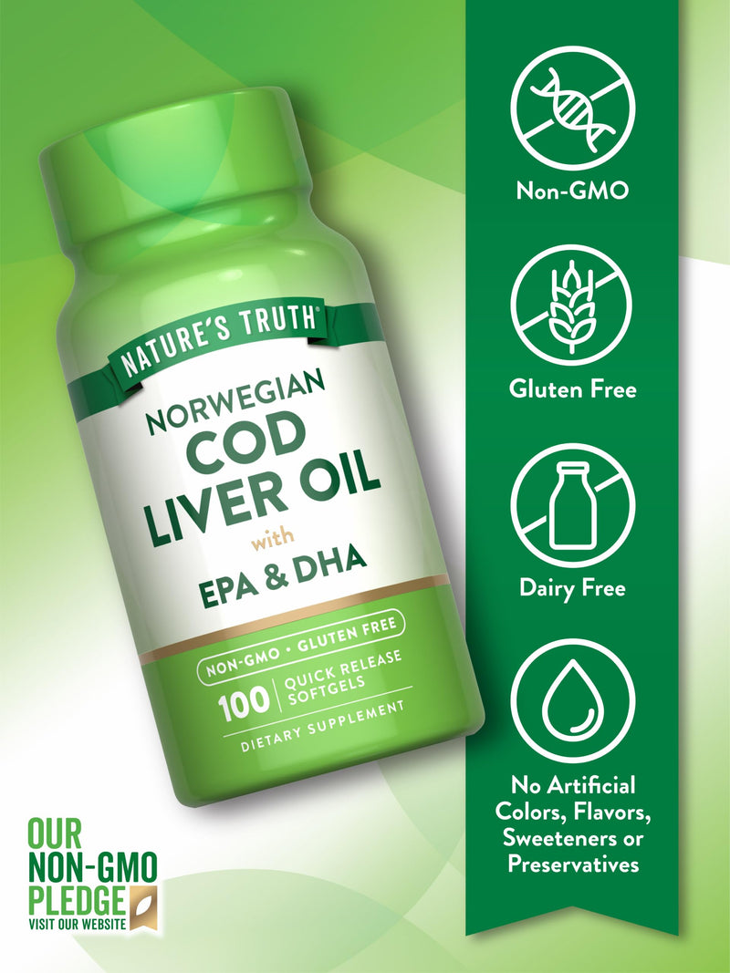 [Australia] - Nature's Truth Norwegian Cod Liver Oil | 100 Softgels | with EPA & DHA | Non-GMO, Gluten Free Supplement 