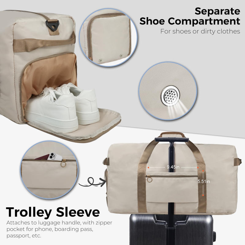 65L Duffle Bag Foldable Travel Duffel Bags for Men Women Travel Bag | Shoes Compartment, 65L Large Capacity, Foldable, Packable, Water Repellent, Tear Resistant, for Traveling Gym Overnight Camp Glossy Beige