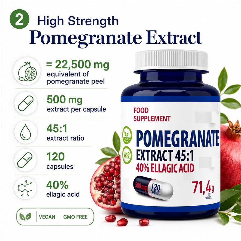 Hepatica Pomegranate Extract 22,500mg Equivalent | 500mg 45:1 Extract Standardised to 40% Ellagic Acid | 120 Vegan Capsules | 4-Month Supply | 3rd Party Lab Tested