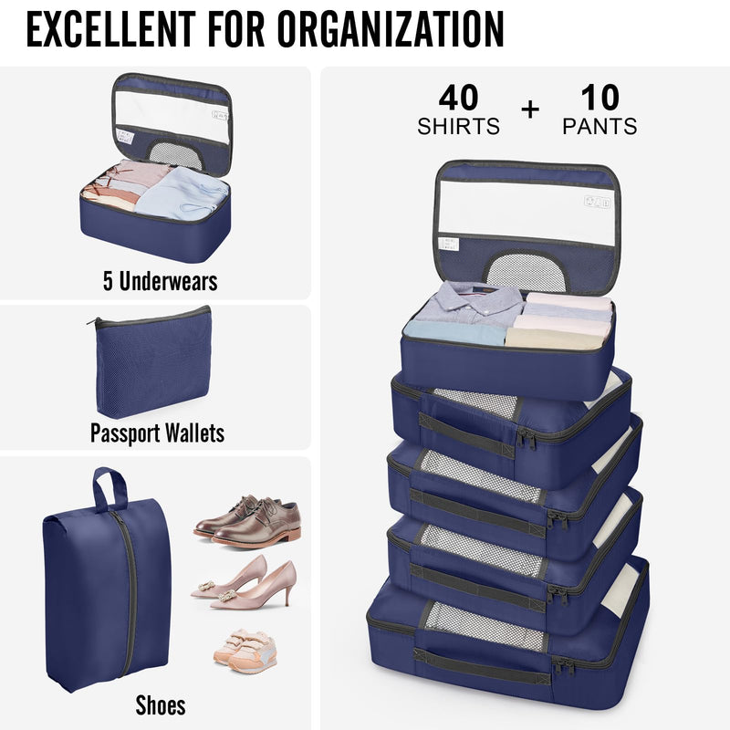 Veken 10 Set Packing Cubes for Travel Essentials,Anti-Wrinkle Buckled Suitcase Organizer for Shoe & Toiletry Bag,Carry On Luggage Bag with 99+ Count Mesh Holes for Airplane & College Dorm Accessories 05 Indigo Blue