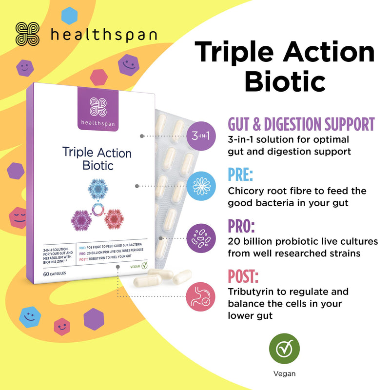 Healthspan Triple Action Biotic | Optimal Gut & Digestion Support | Pre, Pro & Post Gut Health | Chicory Root Fibre | 20 Billion Probiotic Bacteria | Plus Tributyrin | Added Biotin & Zinc | Vegan