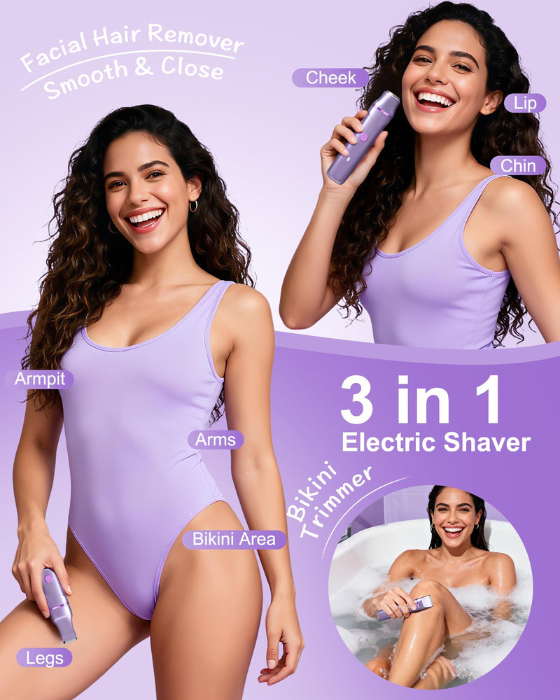 Bikini Trimmer for Women,Electric Razors for Women,Cordless Body Shaver for Trip, Body Groomer for Face, Legs,Bikini Line,Foil, IPX7 Waterproof&Easy Cleaning, Ceramic Blade, USB Charge Dock,Purple