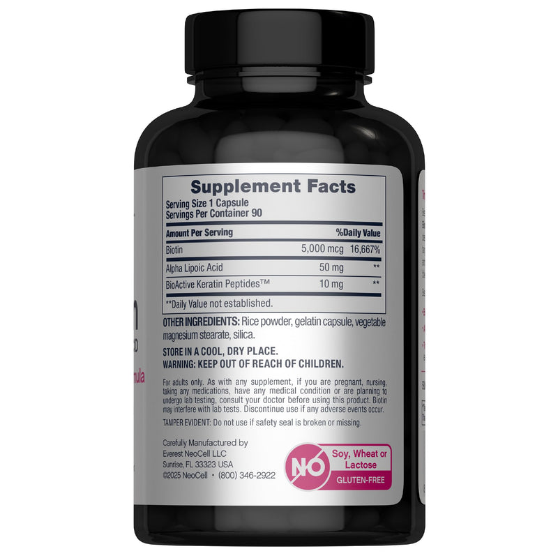NeoCell Biotin Complex Hair, Skin & Nails | 90 Capsules | with BioActive Keratin Peptides and Alpha Lipoic Acid | Radiance-Infused Formula