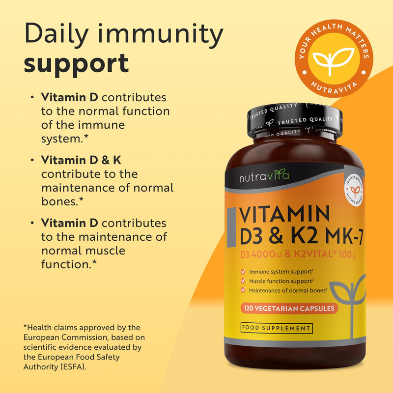 Nutravita Vitamin D3 4000 IU & K2 100μg MK7 (K2VITAL®) - 120 VIT D Capsules not Tablets - Vitamin D3 K2 Supplements - D3K2 Immune Support Supplements - VIT D K2 - Cholecalciferol, K2 MK7 - Made in UK