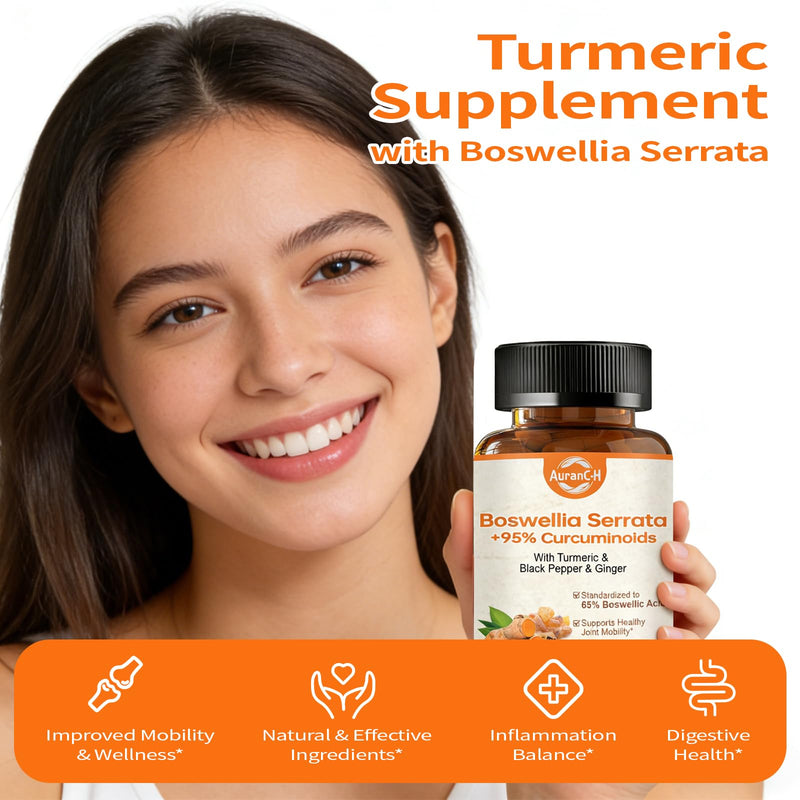 Boswellia Serrata Capsules, Boswellia for Humans - Anti Inflammatory & Joint Pain Relief Supplements - with Turmeric & Black Pepper & Ginger - 65% Boswellic Acids - Boswellia Extract 60 Capsules