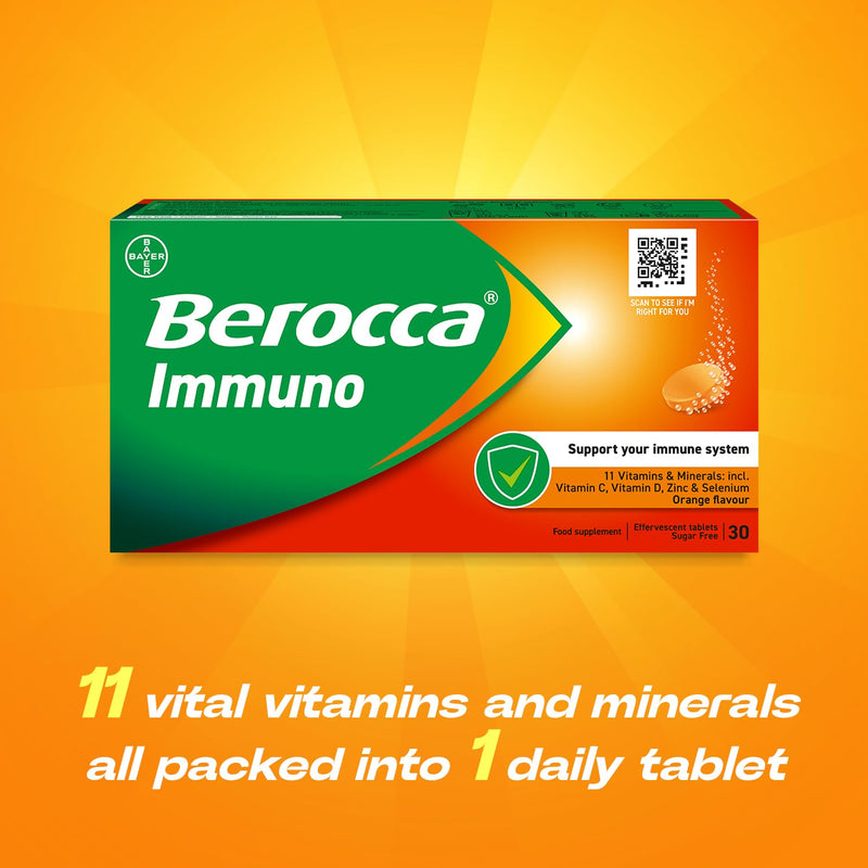 Berocca Immuno Effervescent Tablets, 11 Vitamins and Minerals, Including Vitamins D, C, A, B9, Zinc and Iron to Help Support Your Immune System and B6 and B12 Support Energy Release, Green, 30 Tablets