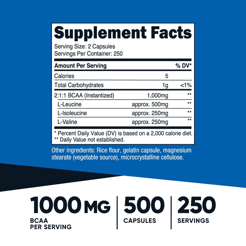 Nutricost BCAA 1000mg, 500 Capsules (250 Serv), 2:1:1 Branched Chain Amino Acids (500mg of L-Leucine, 250mg of L-Isoleucine and L-Valine) 500 Count (Pack of 1)