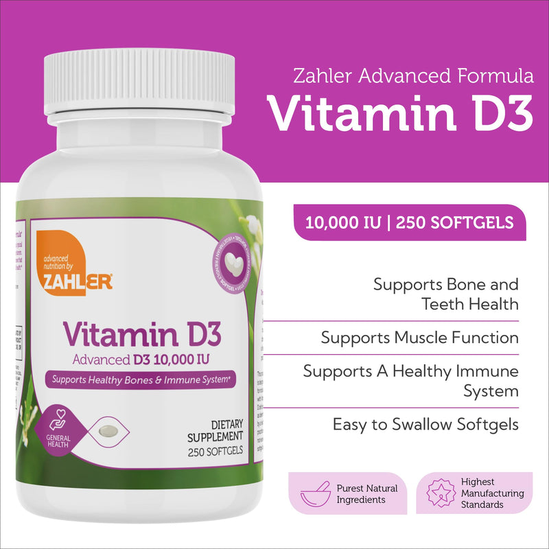 Zahler - Advanced Vitamin D3 10,000 IU Softgels (250 Count) Kosher Vegetarian Friendly Vitamin D for Immune Support, Bone, Teeth & Muscle Health - Easy Swallow VIT D 3 (Pack of 2) 250 (Pack of 2)