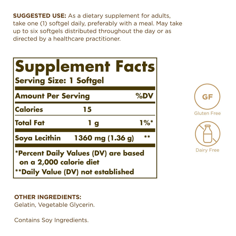 SOLGAR Soya Lecithin 1360 mg - 100 Softgels - Source of Choline - Gluten & Dairy Free - 100 Servings