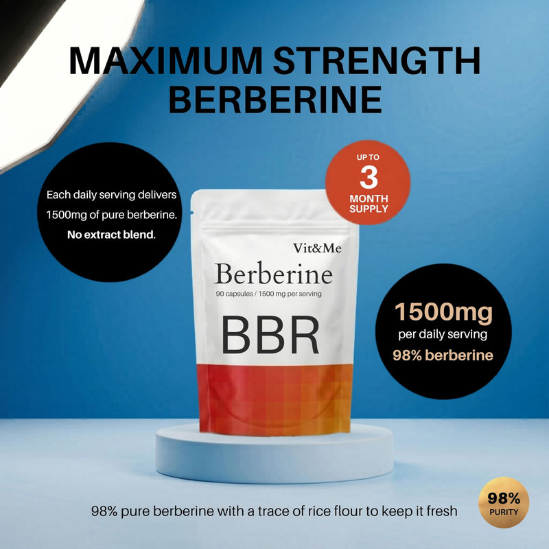 Berberine Supplement 90 Capsules, Flexible Dosage 500mg - 1000mg - 1500mg | 98% Pure Berberine HCL Clean High Strength | Blood Sugar Support, AMPK Metabolism, Heart & Gut Health, Vegan Non-GMO Vit&Me 90 count (Pack of 1)