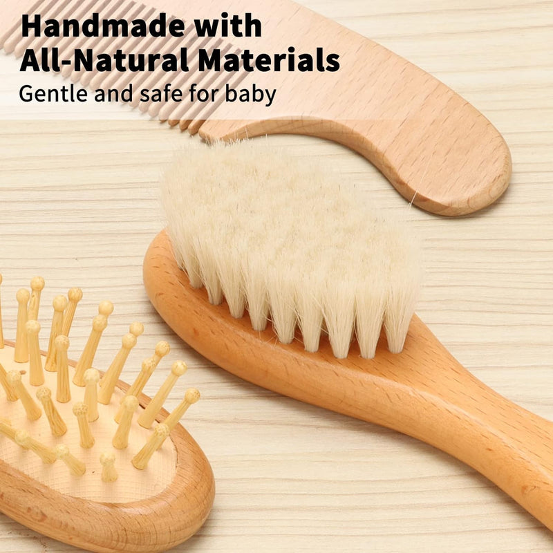 [Australia] - Goat Baby Hair Brush Set, Wooden Comb Massage Scalp Comb, Safe Natural Hair Care Kit, Soft Silicone Bath Brush for Newborns Toddlers (Brush Set+ Green Massager) Group 1 Brush Set+ Green Massager 