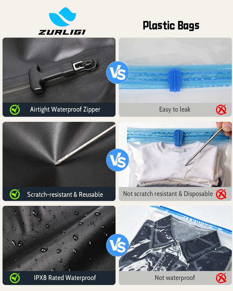 Zurligi Travel Vacuum Bag with Pump, Airtight Zipper and Shoulder Strap | Waterproof Anti-Rip Durable Nylon-TPU Bag with Airtight Heavy-Duty Zipper for Travel, Moving, Gym, Beach, and Home Storage 1-Pack, Black