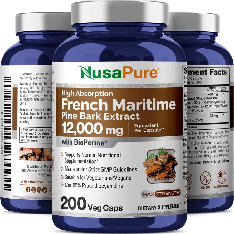 [Australia] - NusaPure French Maritime Pine Bark Extract 12,000 mg Per Veggie Caps 200-Day Supply, Bioperine (Non-GMO & Gluten Free) 