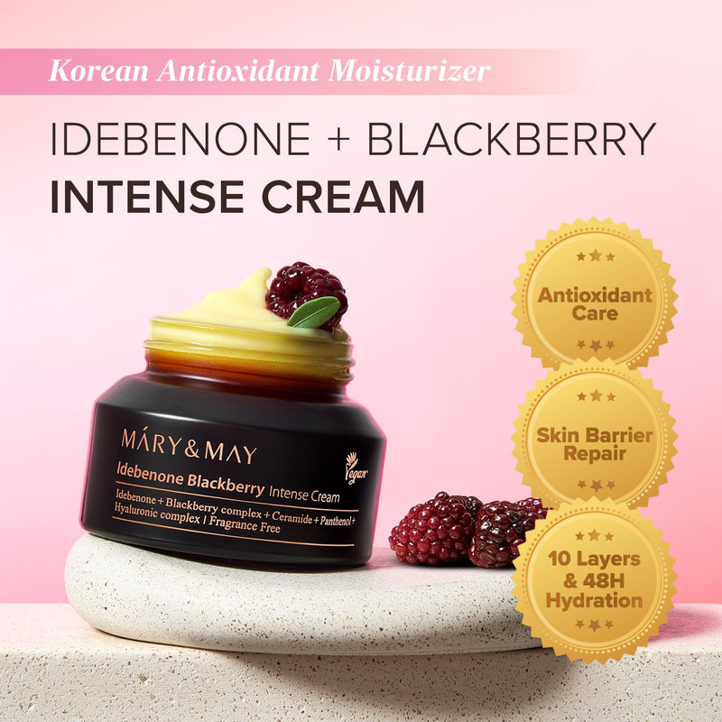 Mary&May Idebenone + Blackberry Antioxidant Face Moisturizer 2.46 oz | Korean anti-aging cream for dry, dull skin – 500ppm idebenone, 63% berry complex, 5 ceramides, 48H hydration, vitamin C alt 2.46 Ounce (Pack of 1)