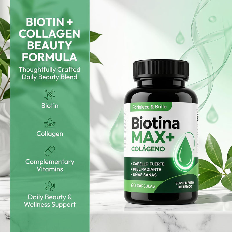 Biotina Max Colageno Capsulas - Biotin & Collagen Complex with Vitamins, Daily Beauty & Wellness Formula, Hair & Skin Care Supplement - 60 Capsules