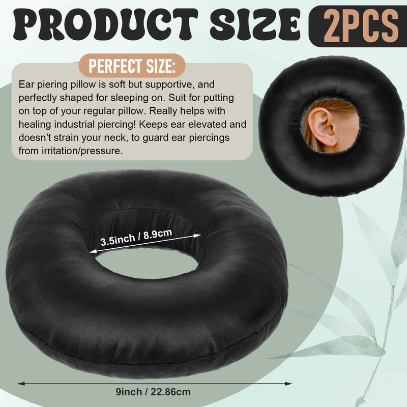 2 Pcs Satin Ear Hole Piercing Pillows Donut Pillow for Ear Pain Side Sleeping Neck Head Pressure Sore Relief Headphones Travel Protector Guard Lifesaver Tinnitus (Black) Black