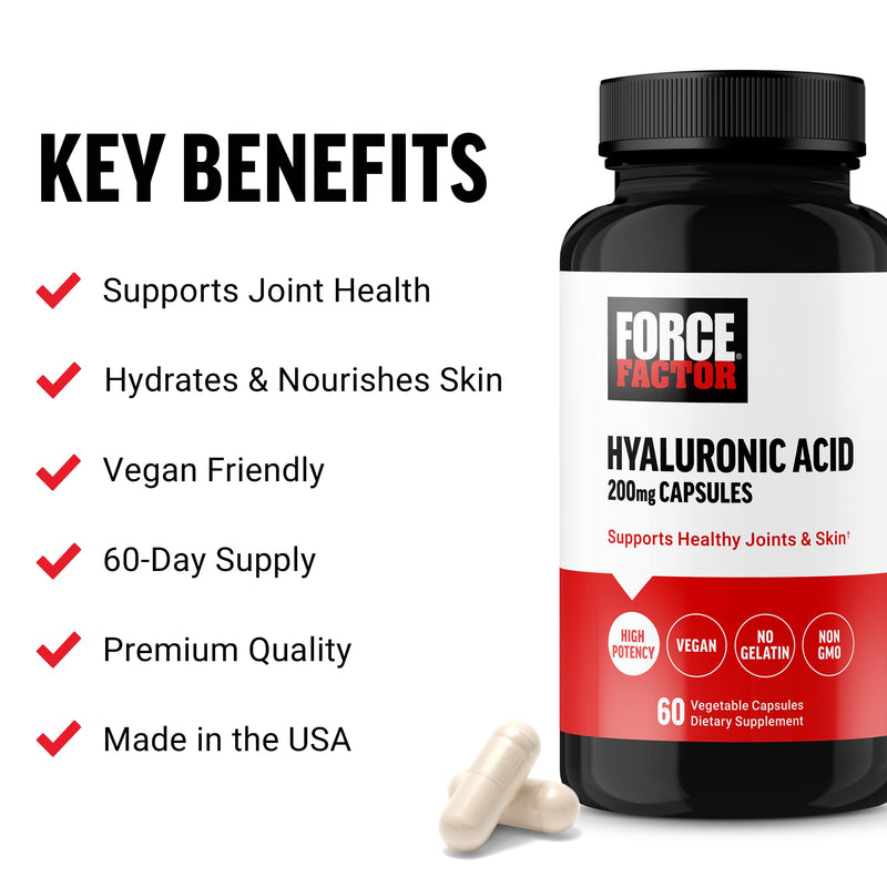 [Australia] - FORCE FACTOR Hyaluronic Acid Supplements, Hyaluronic Acid Capsules for Joint Health and Skin Hydration, Joint Health Supplement for Women and Men, High Potency, Vegan, 60 Capsules 