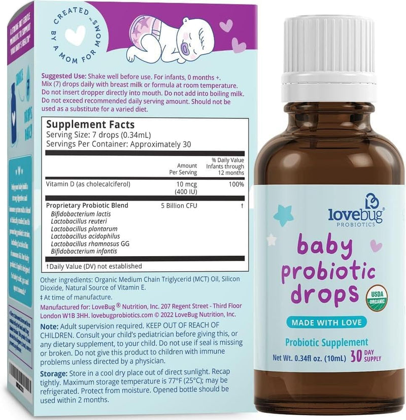 [Australia] - Lovebug Award Winning USDA Organic Probiotic for Infants & Babies | Helps with Colic, Reflux, Diarrhea, Constipation & Gas | Multi-Strain 5 Billion CFU | Liquid Drops | Ages 0-24 Months 0.34 Fl Oz (Pack of 1) 