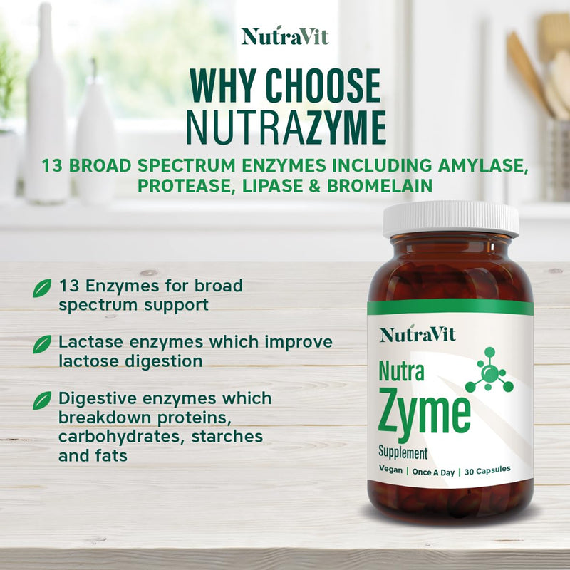 NutraZyme - Digestive Enzyme Complex - 13 Broad Spectrum Enzymes Including Amylase, Protease, Lipase & Bromelain, with Lactase for Lactose Intolerance - NutraVit, 30 Capsules