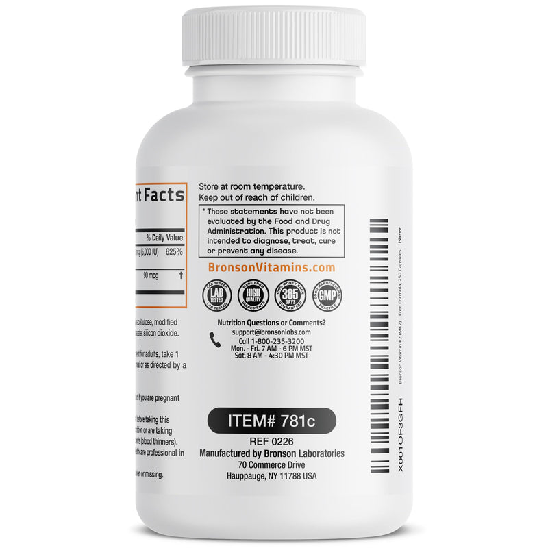 Bronson Vitamin K2 D3 (MK7) Supplement 2-in1 D3 & K2 Complex, 250 Capsules | Bone, Immune & Heart Health Support, Gluten Free, Soy Free, Non-GMO, Vitamin D3 5000IU (125 mcg) & 90 mcg K2 MK-7 250 Count (Pack of 1)