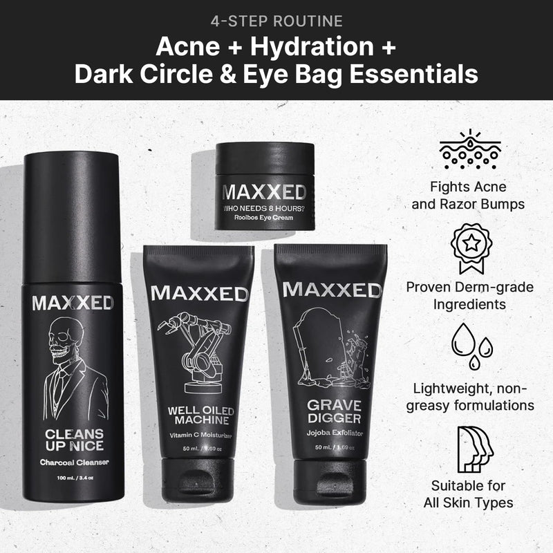 MAXXED Men's Skincare Set - Travel Skincare Set with Under Eye Cream, Charcoal Face Wash, Jojoba Face Scrub and Vitamin C Moisturizer - 4 in 1 Men's Skin Care Kit for Hydration and Pore Cleansing