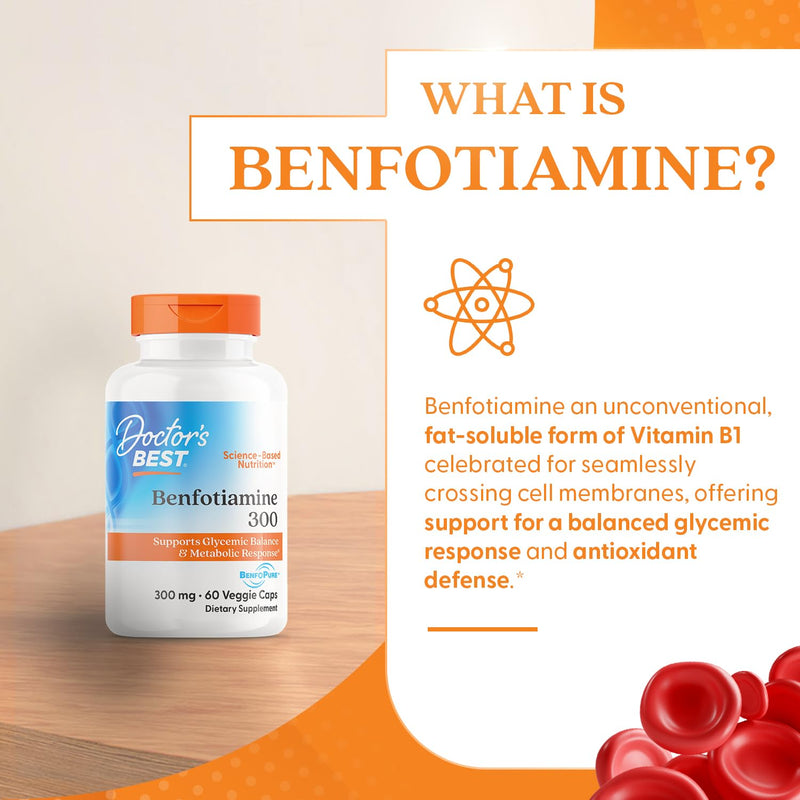 Doctor's Best Benfotiamine 300mg Supplement - Bioavailable Vitamin B1 for Men & Women, Benfotiamine B1 Capsules, Supports Nerve & Metabolic Health, Antioxidant Support, Non GMO, Vegan - 60 Veggie Caps 60 Count (Pack of 1)