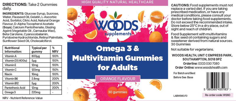Woods Supplements - Omega 3 & Multivitamin Gummies for Adults (30x). 220mg Plant-Based Omega 3 from Flaxseed, 8 Essential Vitamins Including A, C, D3 & E, Orange Flavour, Daily Nutritional Support 30