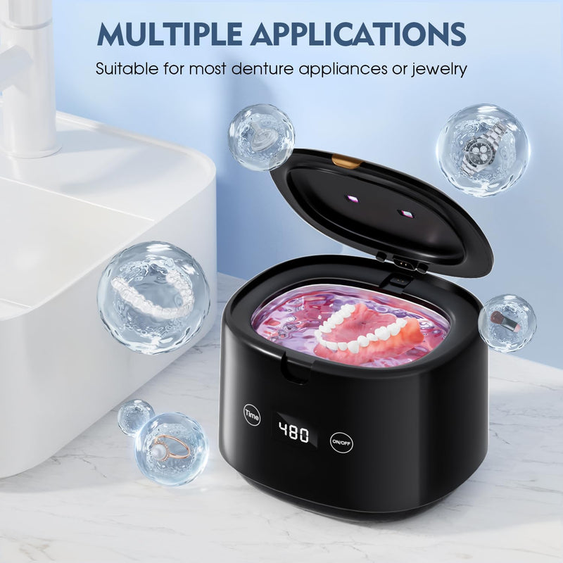 [Australia] - Ultrasonic Retainer Cleaner, 45kHz Sonic Retainer Cleaner Machine Dental Cleaning Pod for Dentures, Mouth Guards, Braces, Toothbrush Heads, Jewelry, 5 Modes for All Dental Appliances (Black) Black 