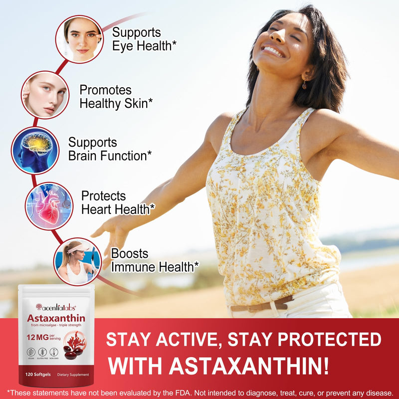 [Australia] - Astaxanthin Supplements 12mg - 120 Softgels | Premium Natural Antioxidant from Microalgae | Eye, Skin, Brain, Joint, Heart & Immune Health Support | Non-GMO, Gluten-Free 