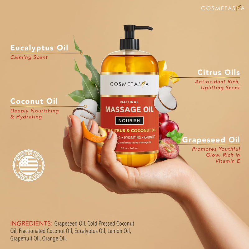 [Australia] - Natural Nourishing Massage Oil with Massage Roller Ball - Therapeutic Citrus & Coconut Massage Oils with Rejuvenating, Hydrating & Aromatic Essential Oils for Dry Skin, Soothes Muscle & Joints 8.8 oz Massage Oil w/ Body Roller 