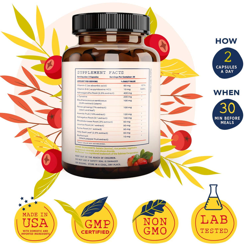 [Australia] - Adrenal Support & Cortisol Manager – Extra Strength Adrenal Fatigue Supplements for Energy, Brain Fog with Ashwagandha, Rhodiola Rosea, L Thyrosine, Holy Basil – 60 NON GMO Pills 
