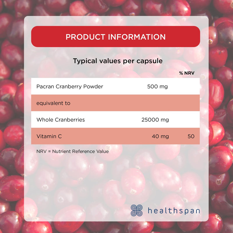 Healthspan Super Strength Cranberry (60 Capsules) | for Immune Health and Wellbeing | Equivalent to 25000 mg Whole Fresh Cranberries | Highly Concentrated Formulation | Added Vitamin C | Vegan