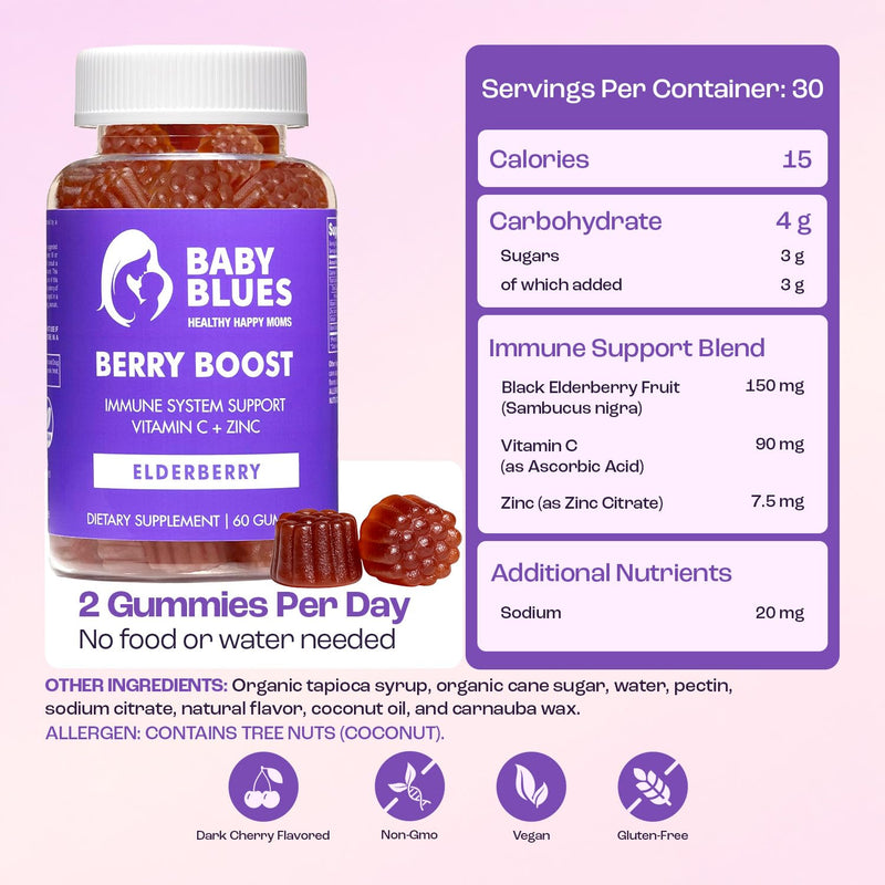 Baby Blues Berry Boost Elderberry Gummies for Women, Postnatal Immune Support with Vitamin C and Zinc for Moms, Postpartum and Breastfeeding, Dark Cherry, Vegan, 60 Count